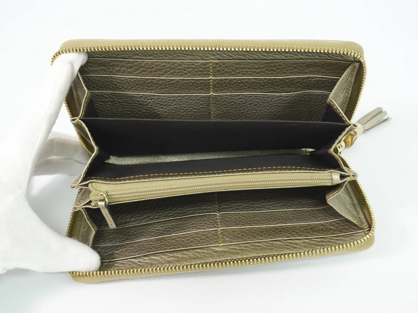 Gucci Bamboo Tassel Zip Leather, Gold, Leather, Wallet