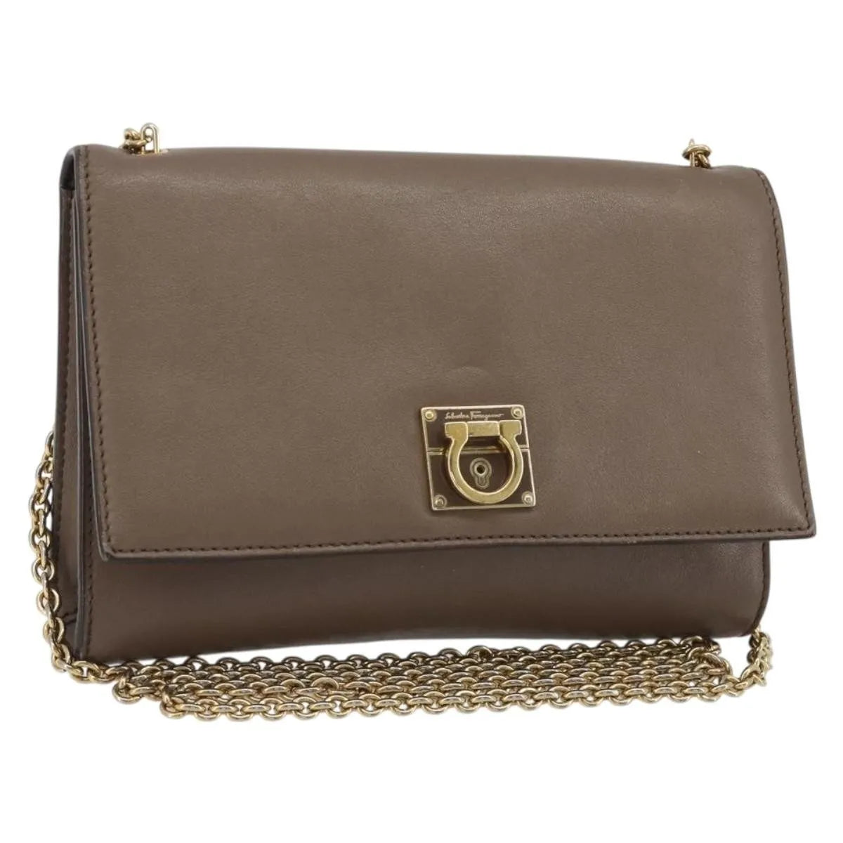 Salvatore Ferragamo Gancini Chain Leather, Gray, Leather, Shoulder Bag