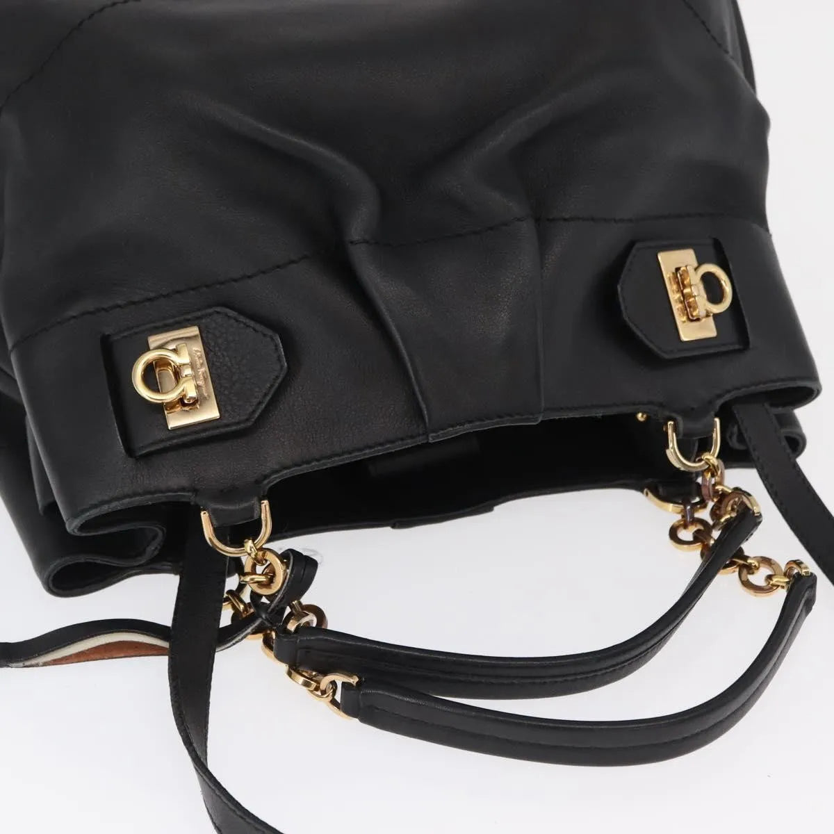 Salvatore Ferragamo W Chain Tote Leather, Black, Leather, Handbag
