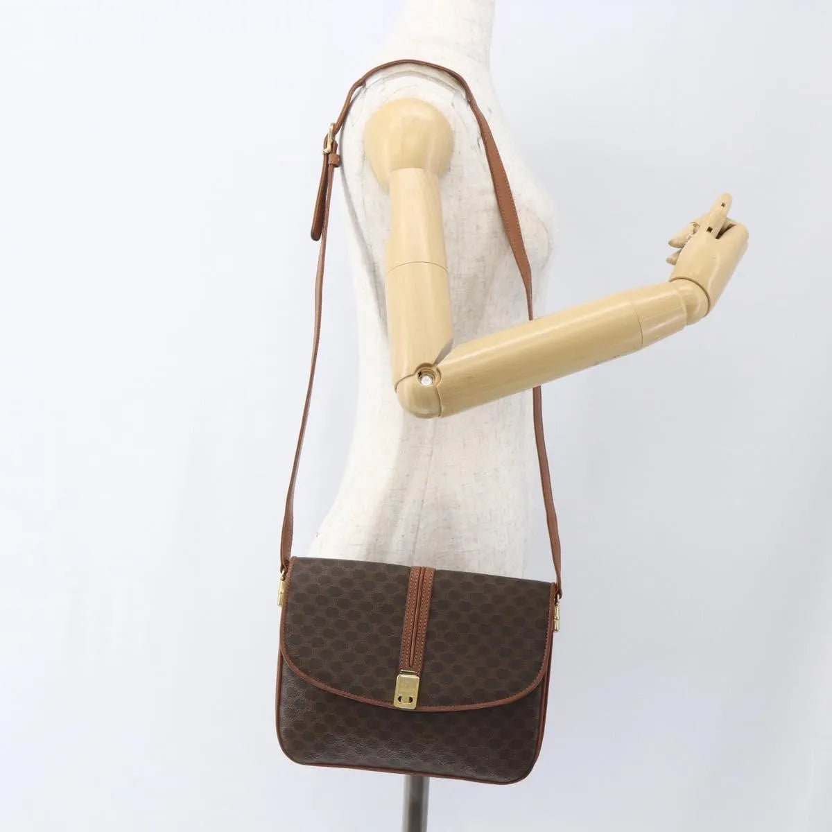 Celine Vintage Macadam Canvas and Leather, Brown, Canvas, Shoulder Bag