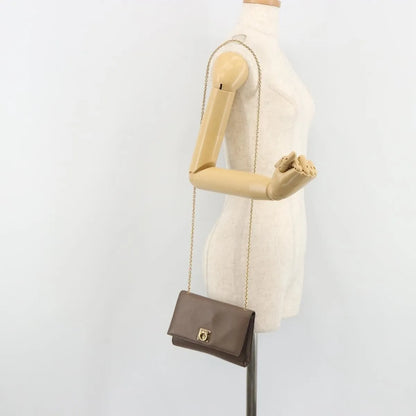 Salvatore Ferragamo Gancini Chain Leather, Gray, Leather, Shoulder Bag