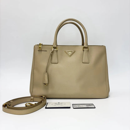 Prada Galleria Double Zip Travel Tote Saffiano Leather, Beige, Leather, Handbag
