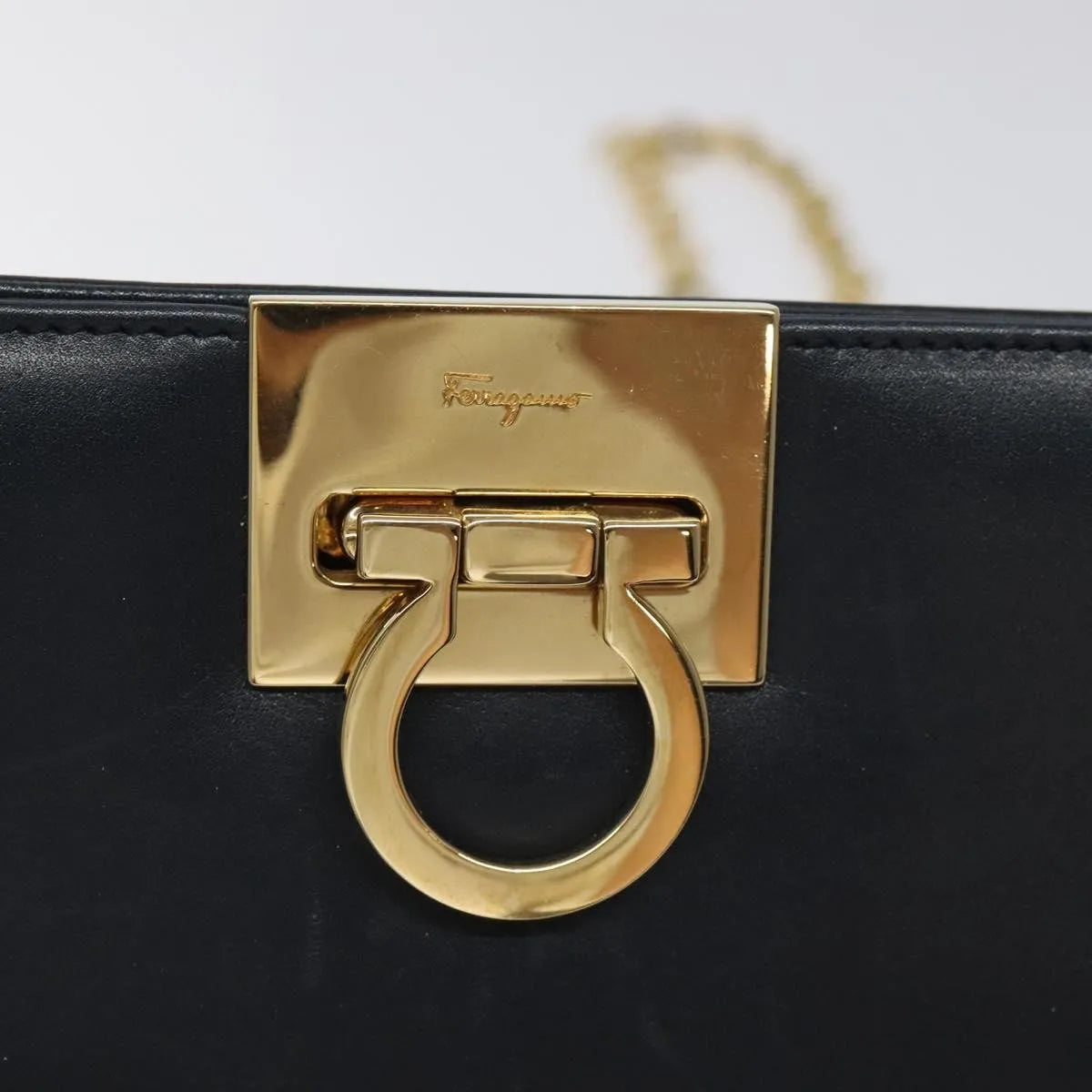 Salvatore Ferragamo Vintage Gancini Chain Leather, Navy, Leather, Shoulder Bag