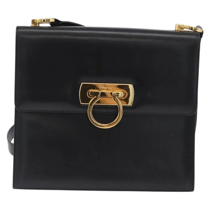 Salvatore Ferragamo Gancini Flap Leather, Black, Leather, Shoulder Bag