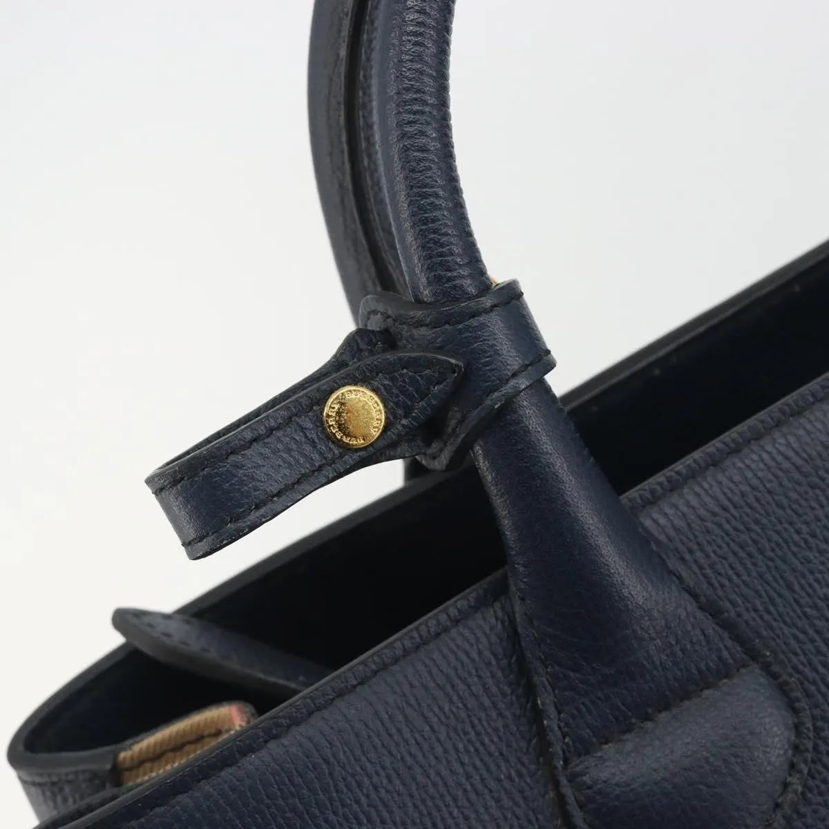 Burberry Banner Tote Leather and House Check Canvas, Navy, Leather, Handbag