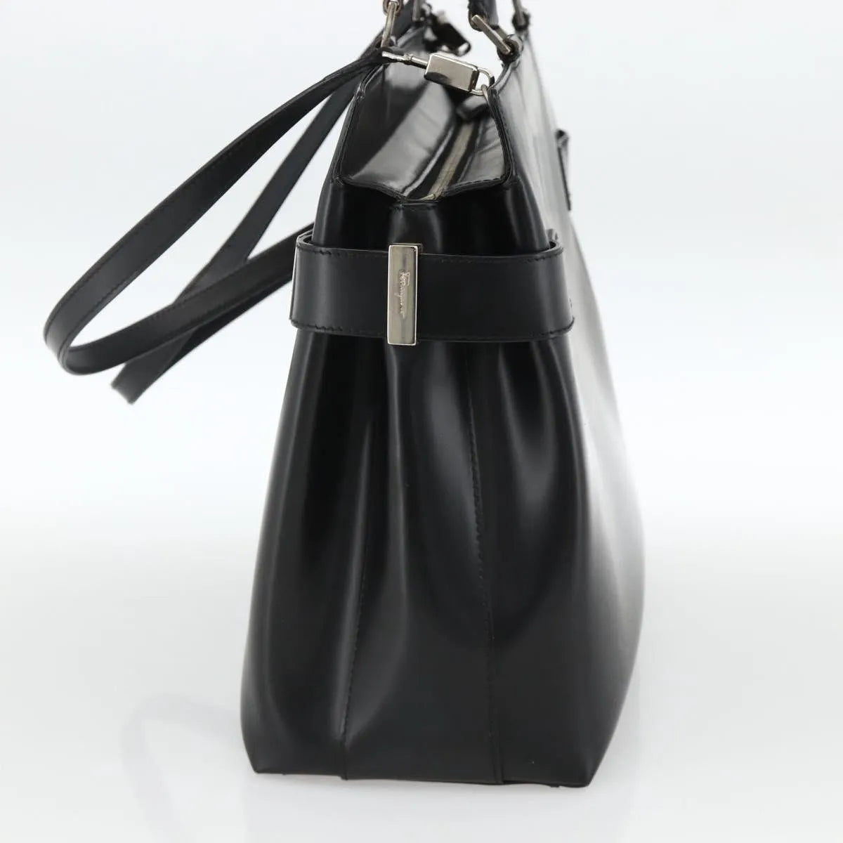Salvatore Ferragamo Double Gancini Side Buckle Tote Leather, Black, Leather, Handbag