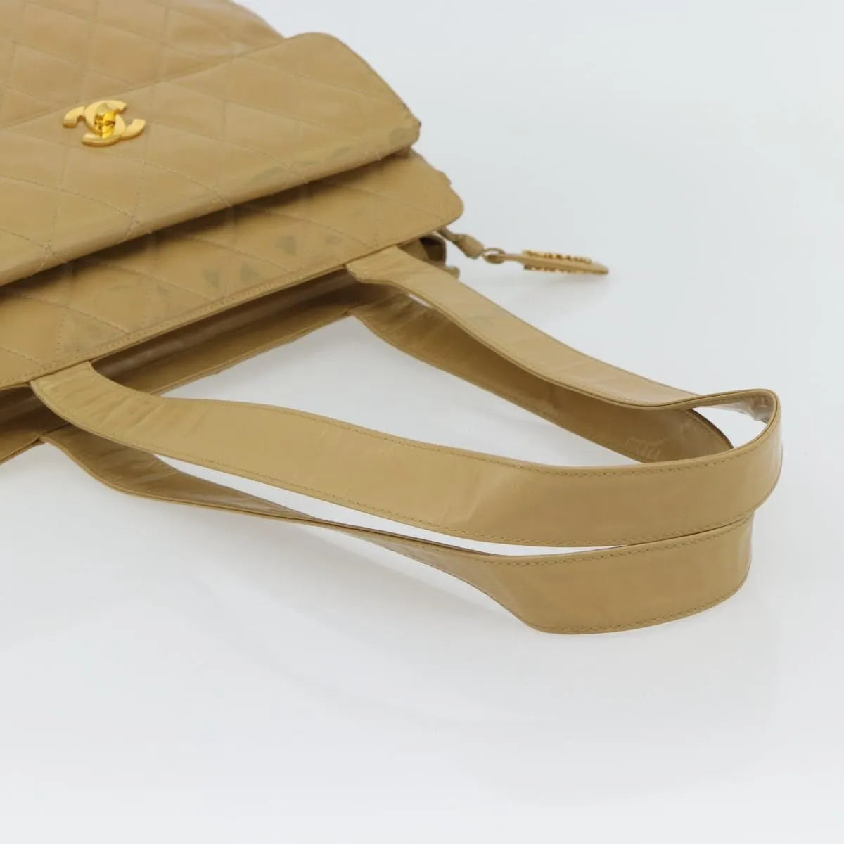 Chanel Vintage Front Pocket Leather, Beige, Patent Leather, Shoulder Bag