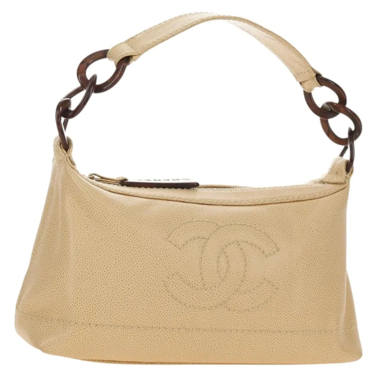 Chanel Vintage CC Resin Chain Caviar, Beige, Leather, Shoulder Bag