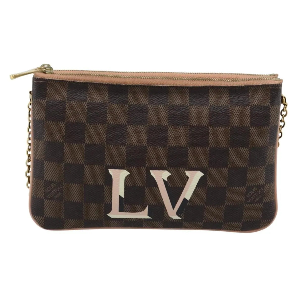 Louis Vuitton Double Zip Pochette Damier, Brown, Canvas, Clutch