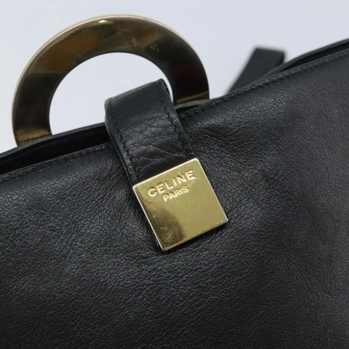 Celine Circle Logo Leather, Black, Leather, Handbag