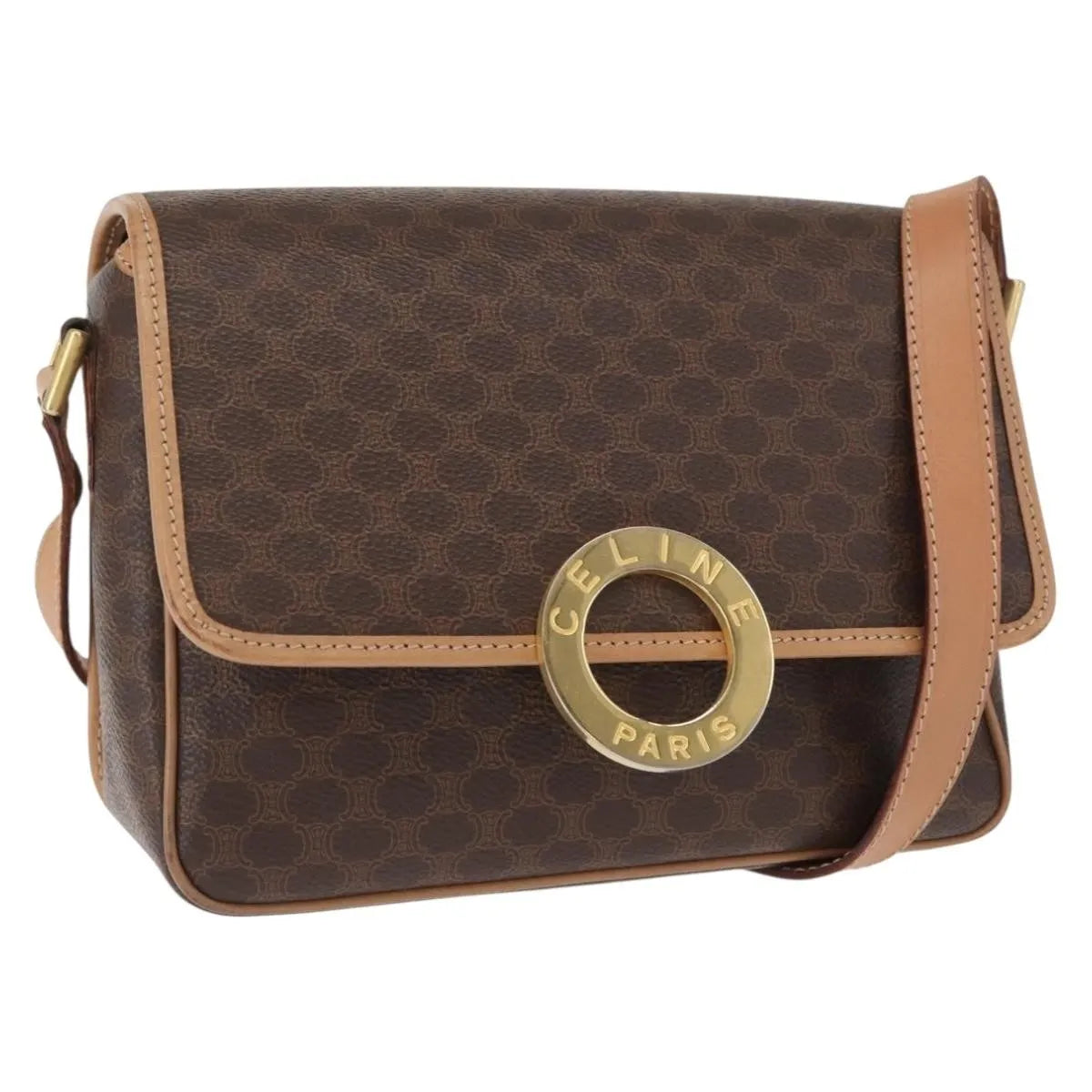 Celine Vintage Macadam Circle Logo Canvas and Leather, Brown, Canvas, Shoulder Bag