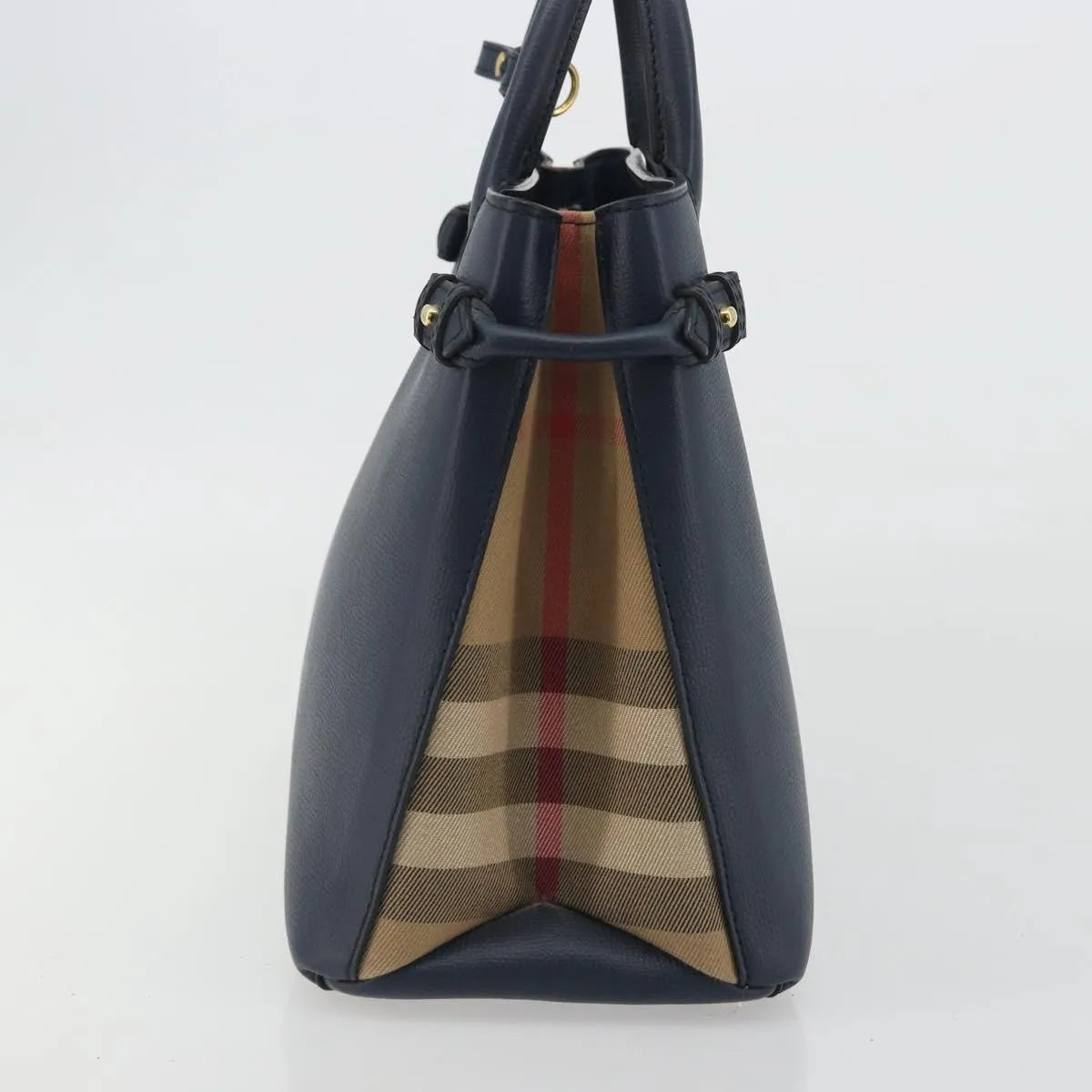Burberry Banner Tote Leather and House Check Canvas, Navy, Leather, Handbag
