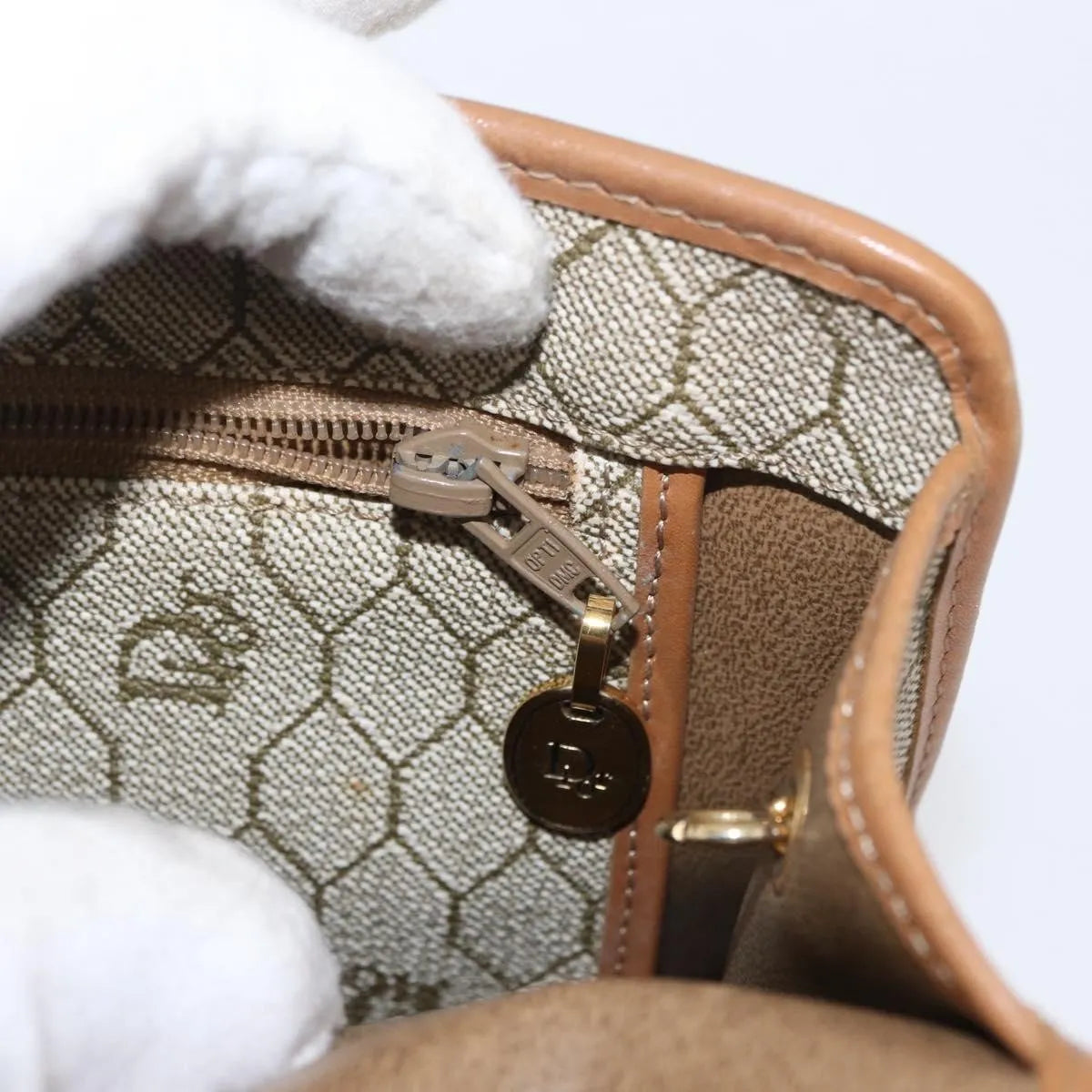 Christian Dior Vintage Honeycomb chain Canvas, Beige, Canvas, Shoulder Bag