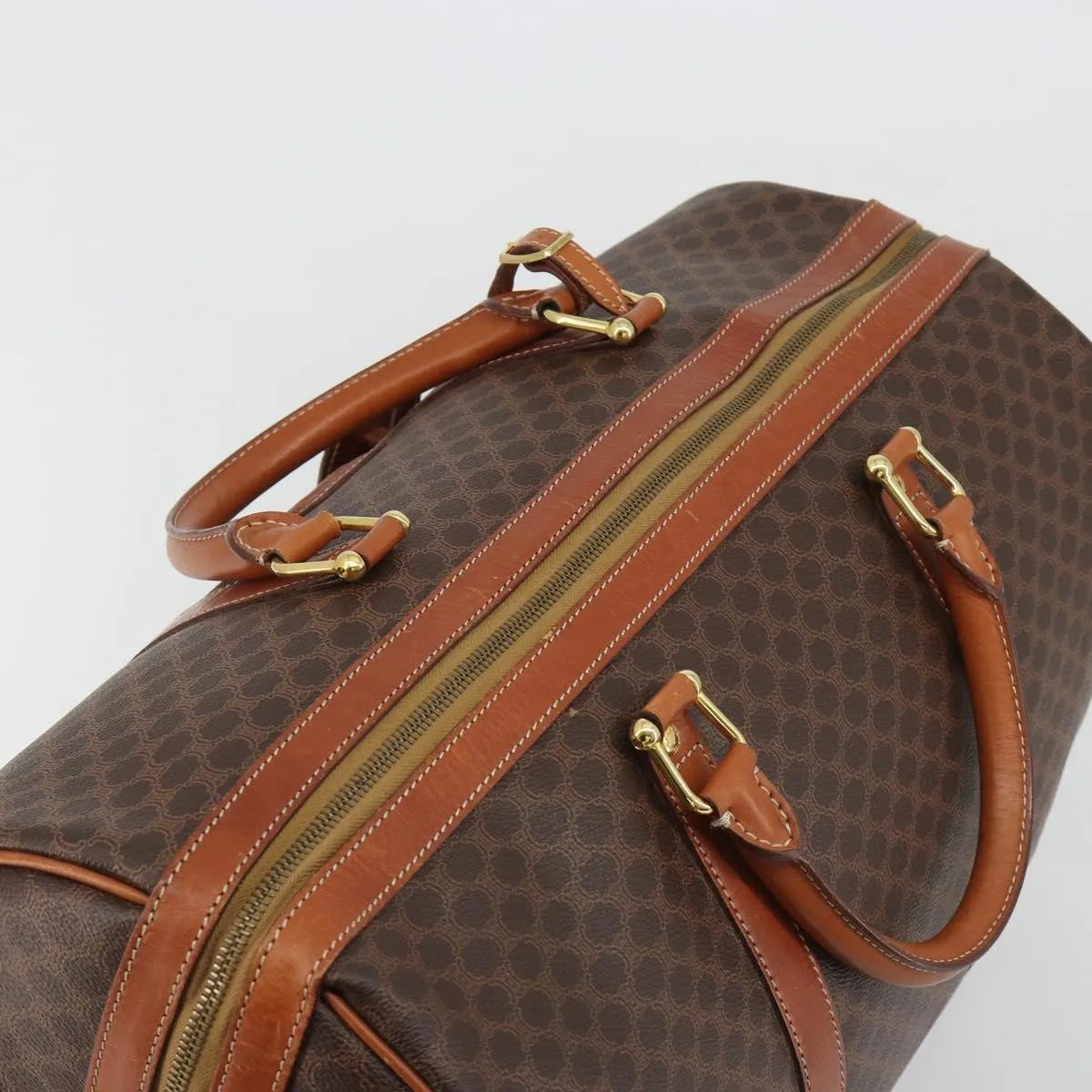Celine Vintage Duffle Canvas and Leather, Brown, Canvas, Travel Bag