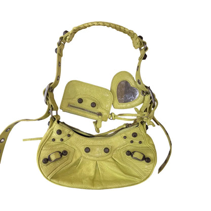Balenciaga Le Cagole Giant Studs Shoulder BB Monogram Denim, Yellow, Leather, Handbag