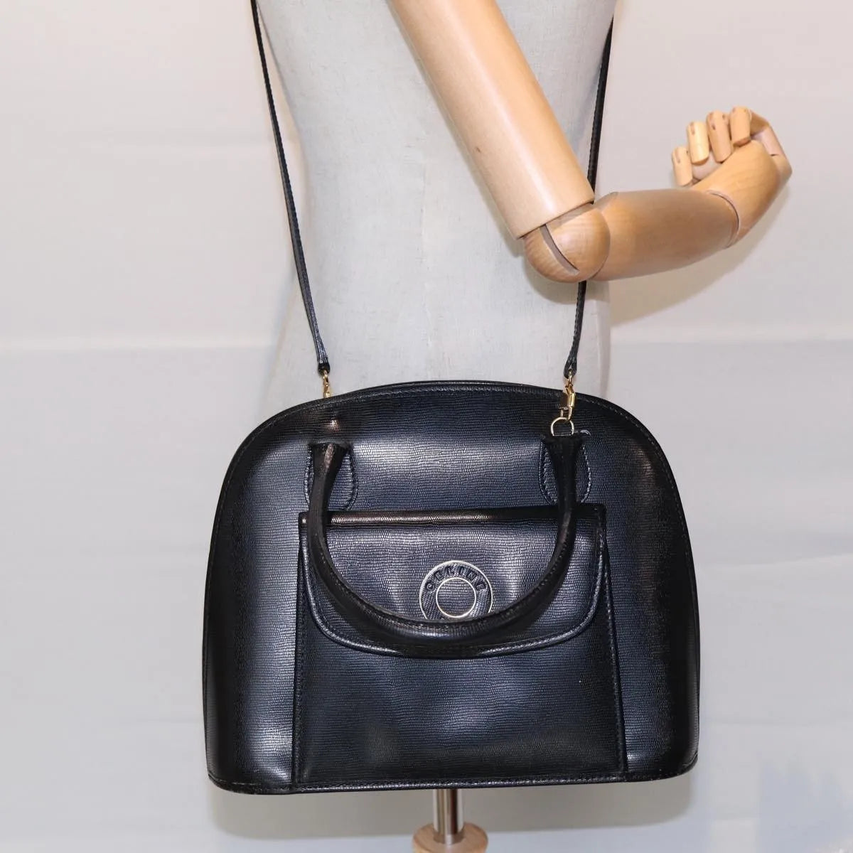 Celine Circle Logo Leather, Black, Leather, Handbag