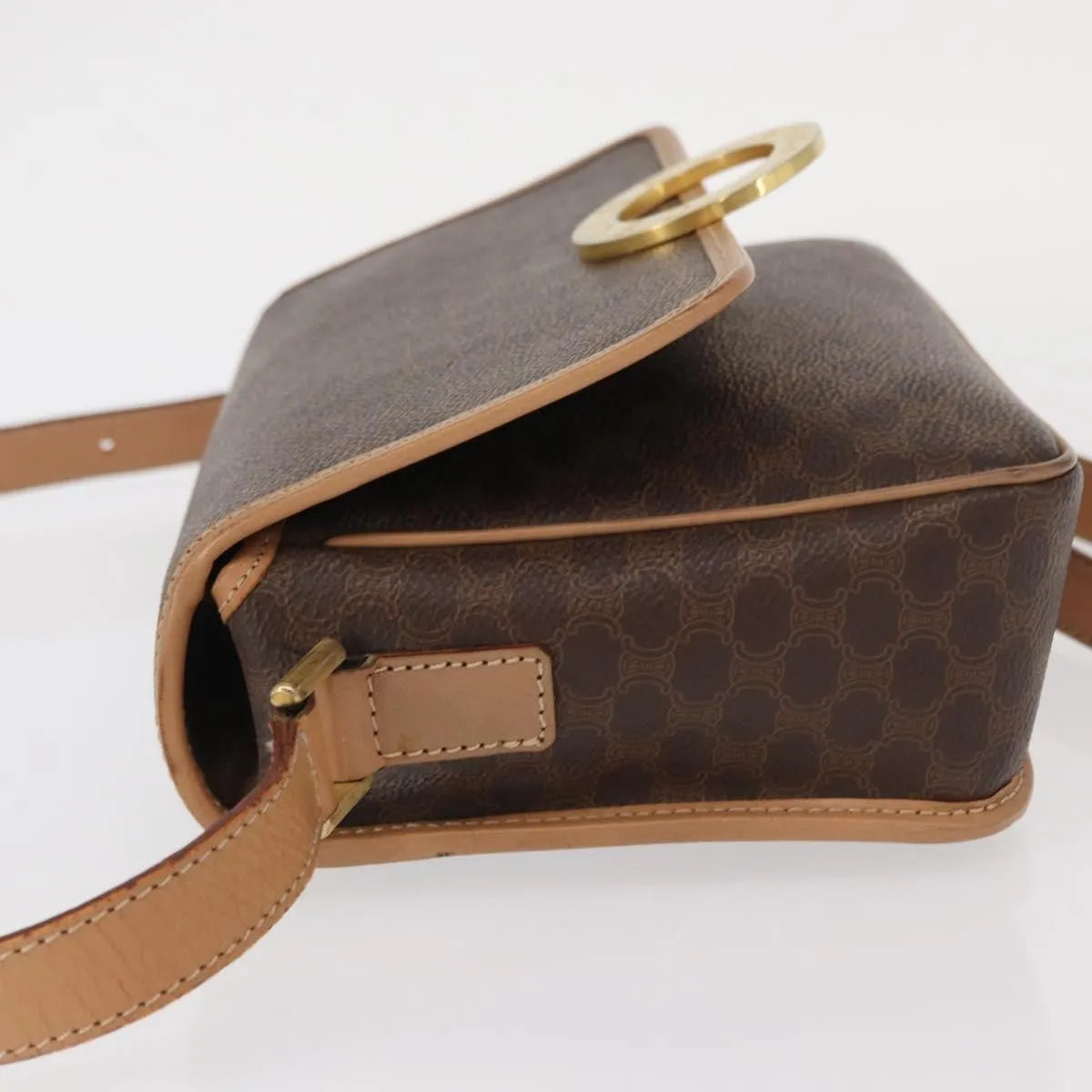 Celine Vintage Macadam Circle Logo Canvas and Leather, Brown, Canvas, Shoulder Bag