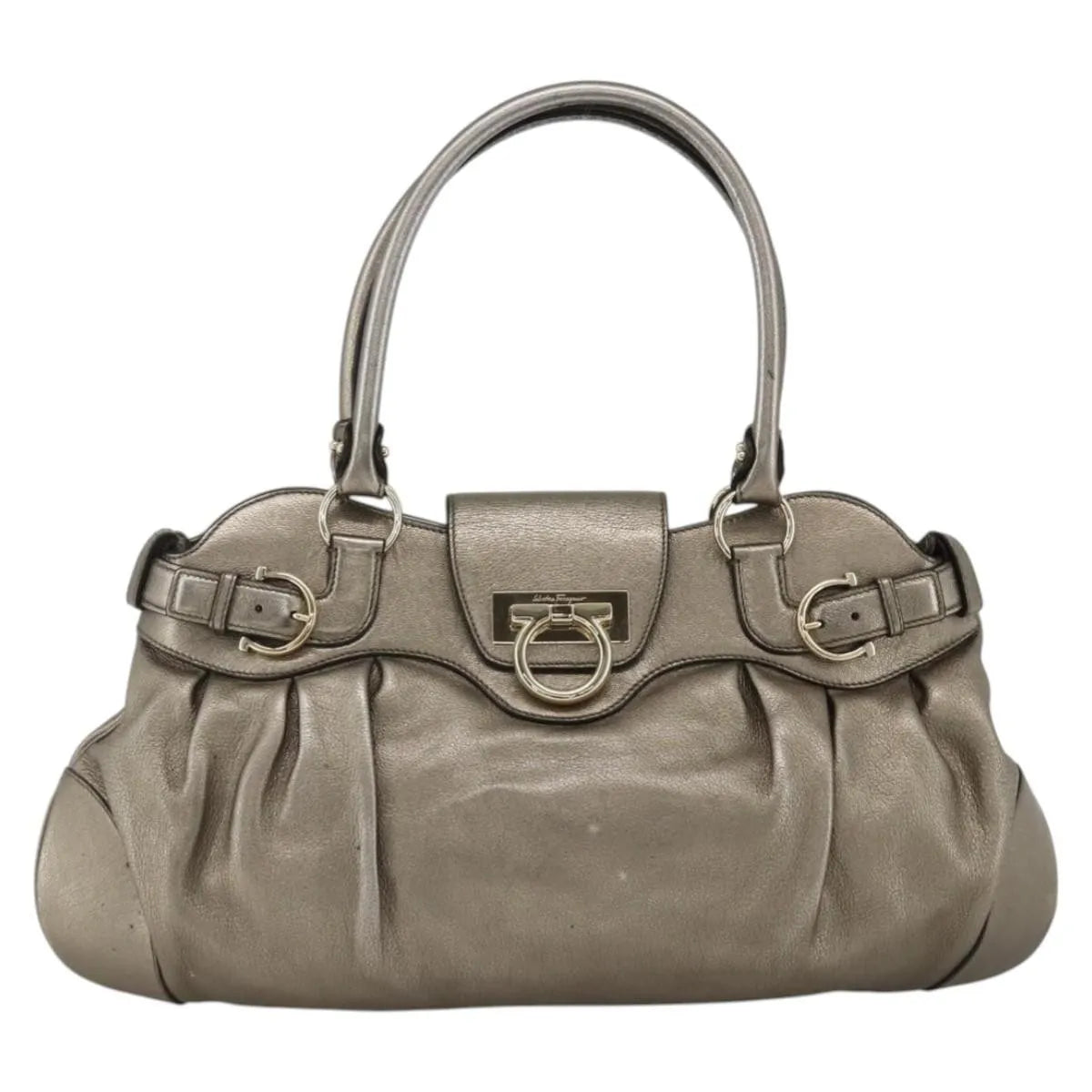 Salvatore Ferragamo Gancini Leather, Silver, Leather, Handbag