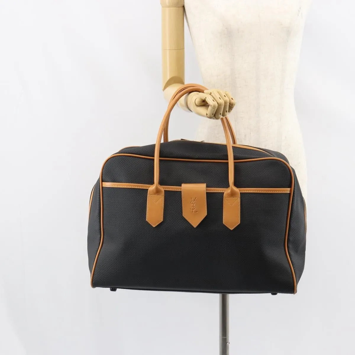 Saint Laurent Vintage Boston PVC Leather, Black, Canvas, Travel Bag