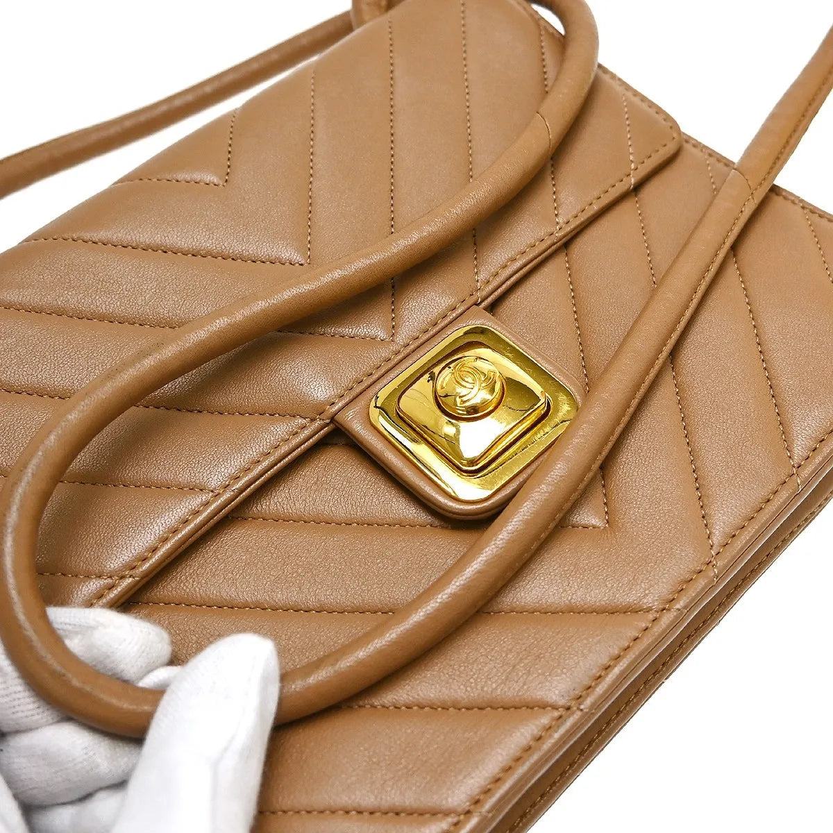 Chanel Vintage Push Lock Flap Chevron Lambskin, Brown, Leather, Shoulder Bag