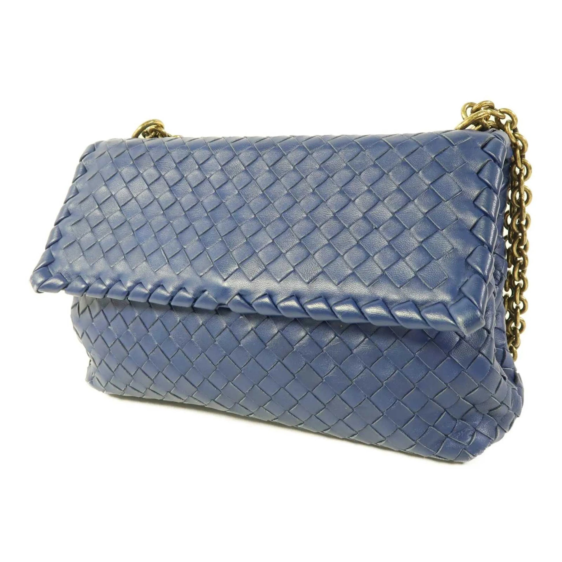 Bottega Veneta Olimpia Intrecciato Microstuds Lambskin, Blue, Leather, Handbag