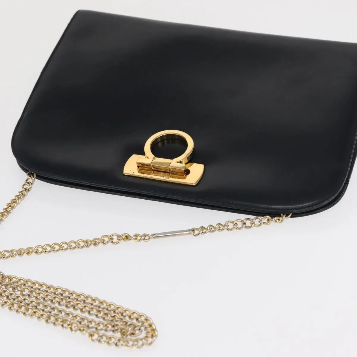 Salvatore Ferragamo Vintage Gancini Chain Leather, Navy, Leather, Shoulder Bag
