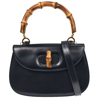 Gucci Vintage Convertible Bamboo Top Handle Leather, Navy, Leather, Handbag
