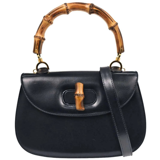 Gucci Vintage Convertible Bamboo Top Handle Leather, Navy, Leather, Handbag