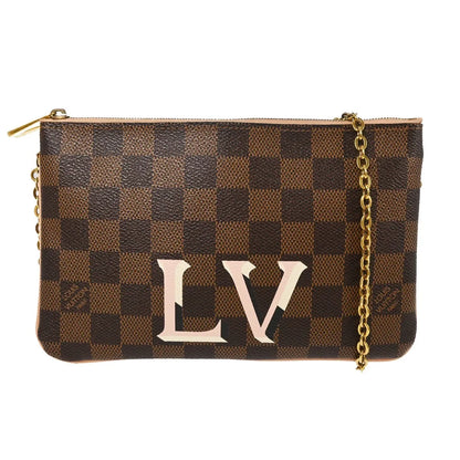 Louis Vuitton Double Zip Pochette Damier Ebene, Brown, Canvas, Clutch
