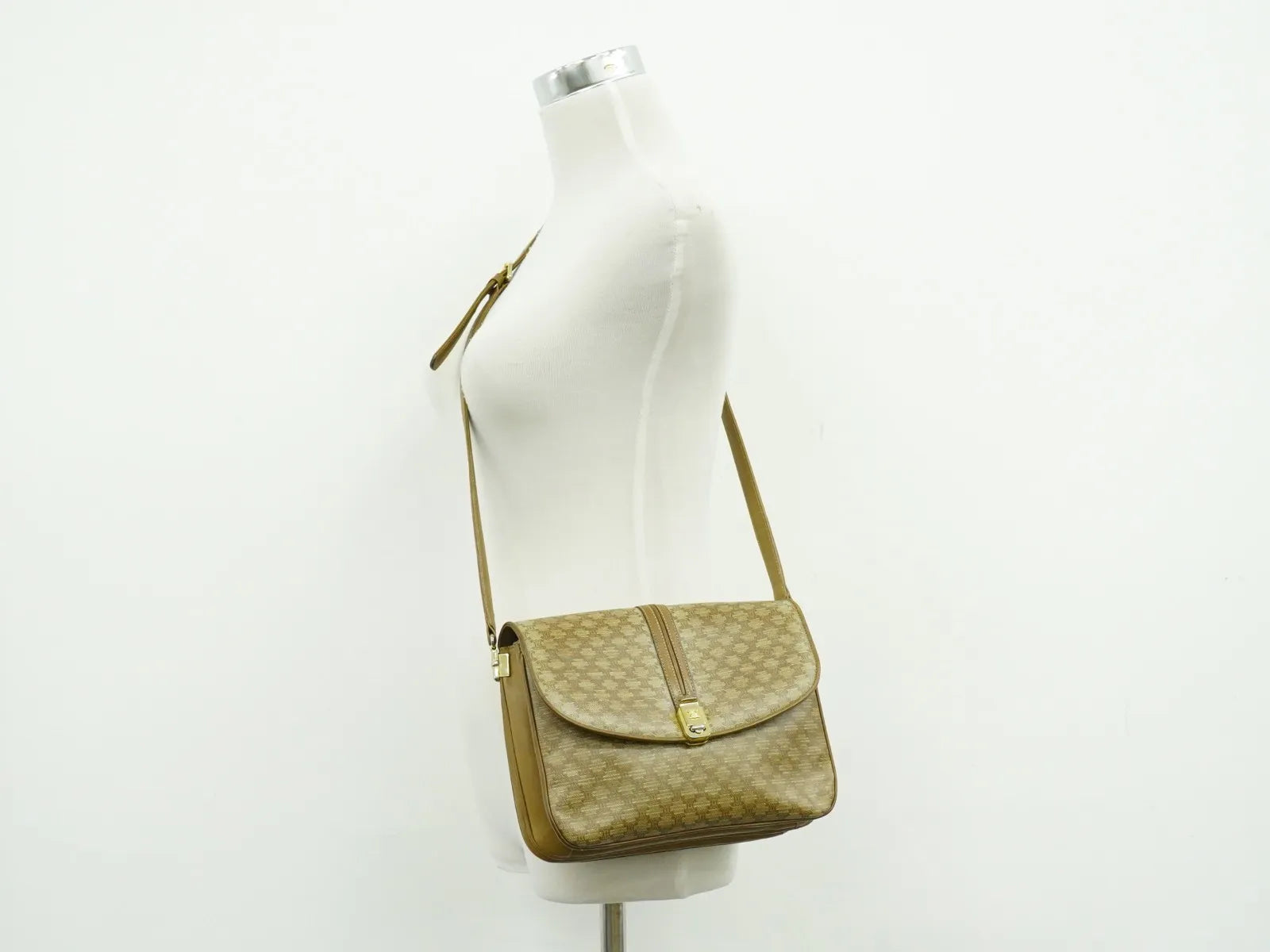 Celine Vintage Macadam Canvas and Leather, Beige, Canvas, Shoulder Bag