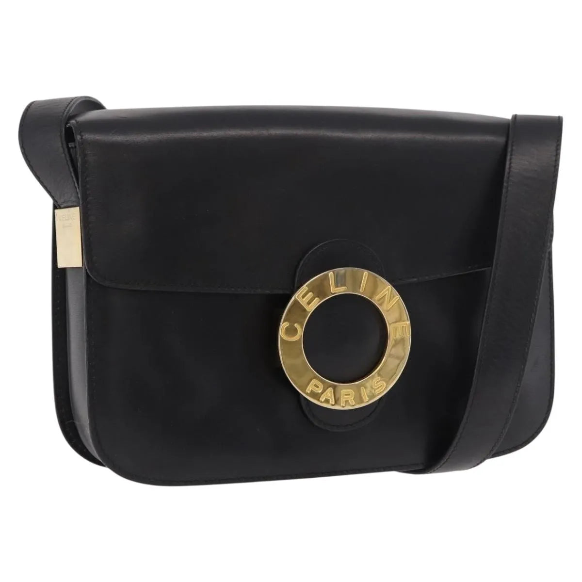 Celine Vintage Circle Logo Leather, Black, Leather, Shoulder Bag