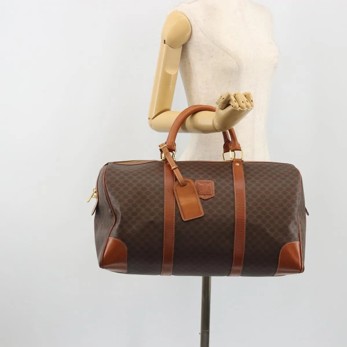Celine Vintage Duffle Canvas and Leather, Brown, Canvas, Travel Bag