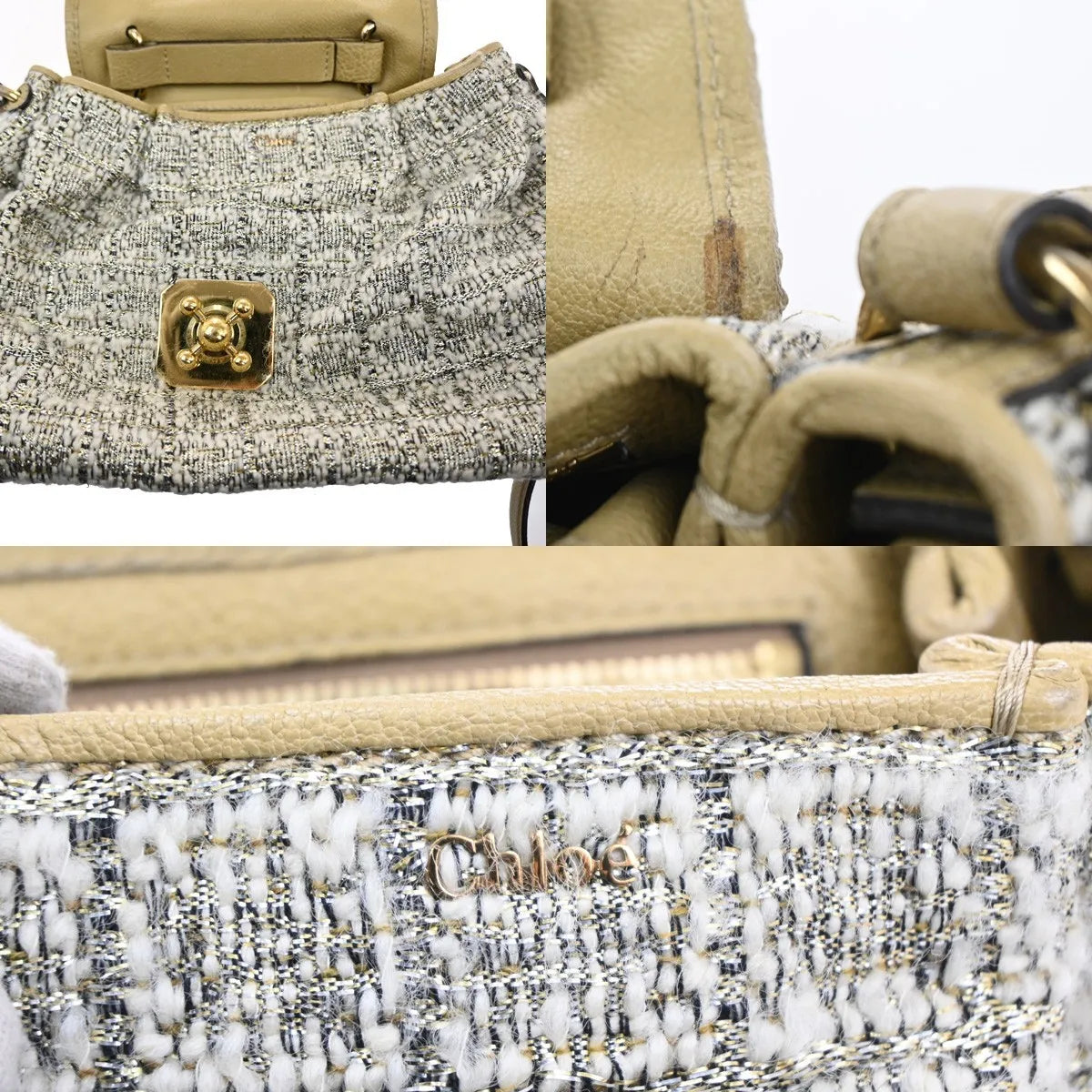 Chloe Elsie Tweed Leather, Beige, Tweed, Shoulder Bag