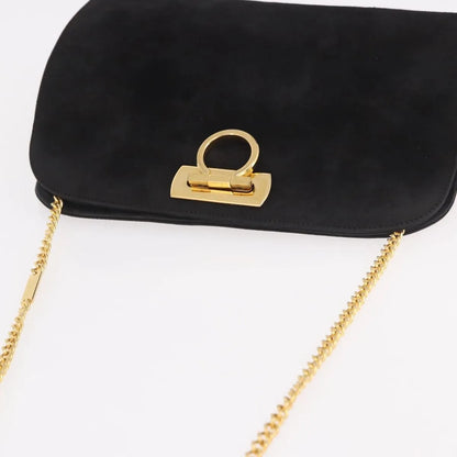 Salvatore Ferragamo Gancini Chain Suede, Black, Suede, Shoulder Bag