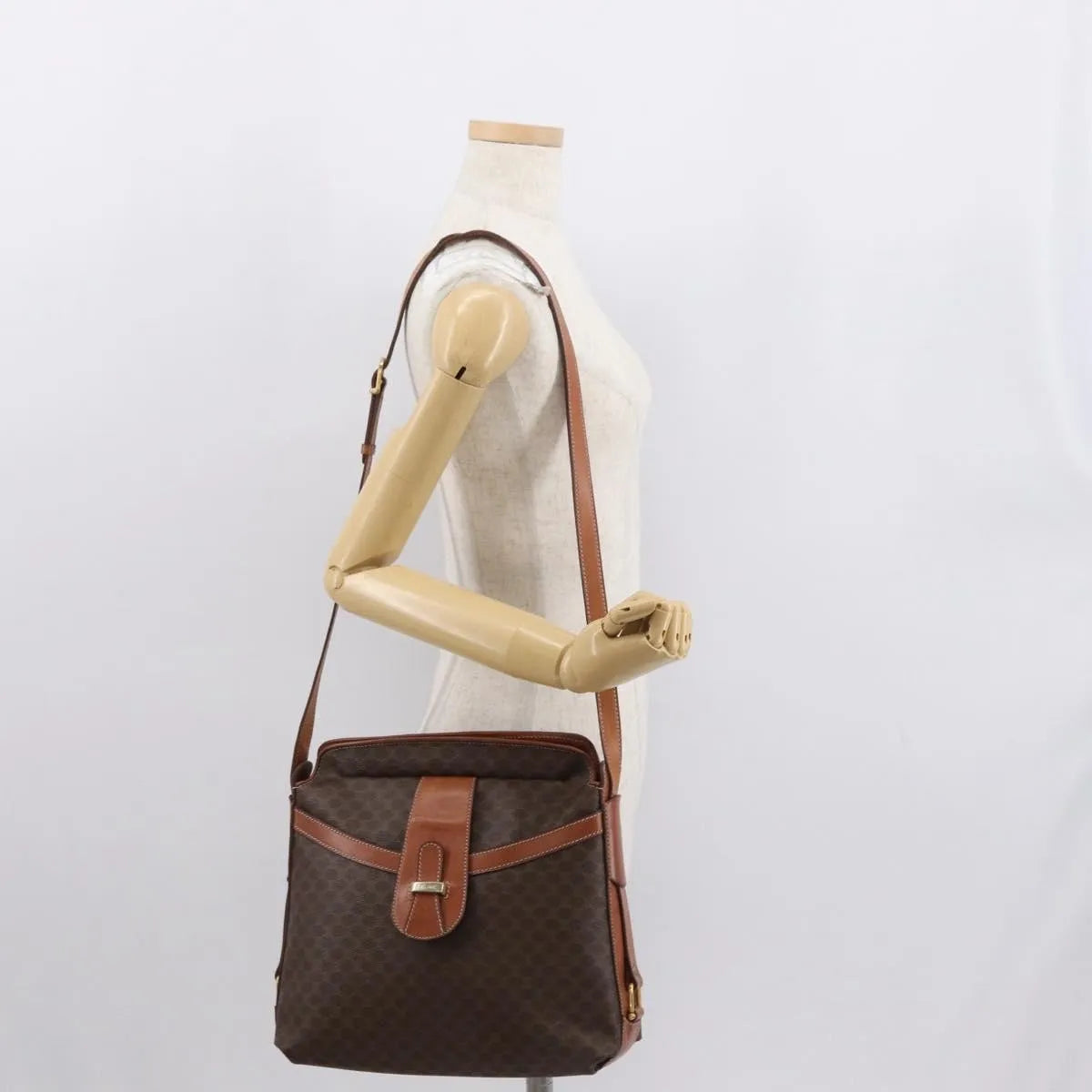 Celine Vintage Macadam Canvas and Leather, Brown, Canvas, Shoulder Bag