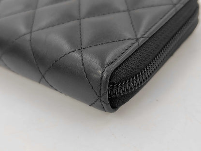 Chanel Cambon Zip Around Quilted Lambskin, Black, Leather, Wallet