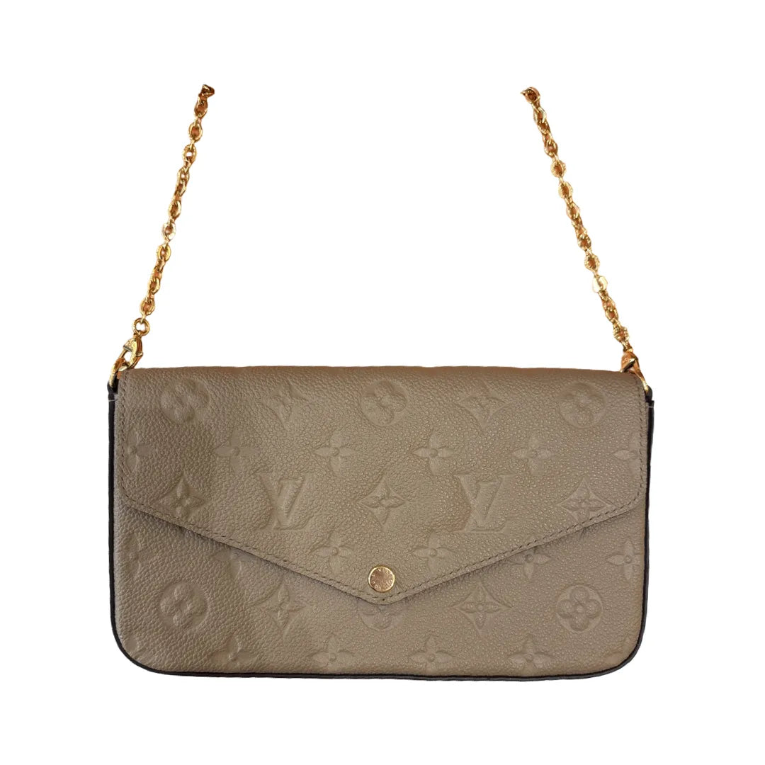 Louis Vuitton Felicie Chain Metallic Monogram Vernis, Beige, Calfskin, Clutch