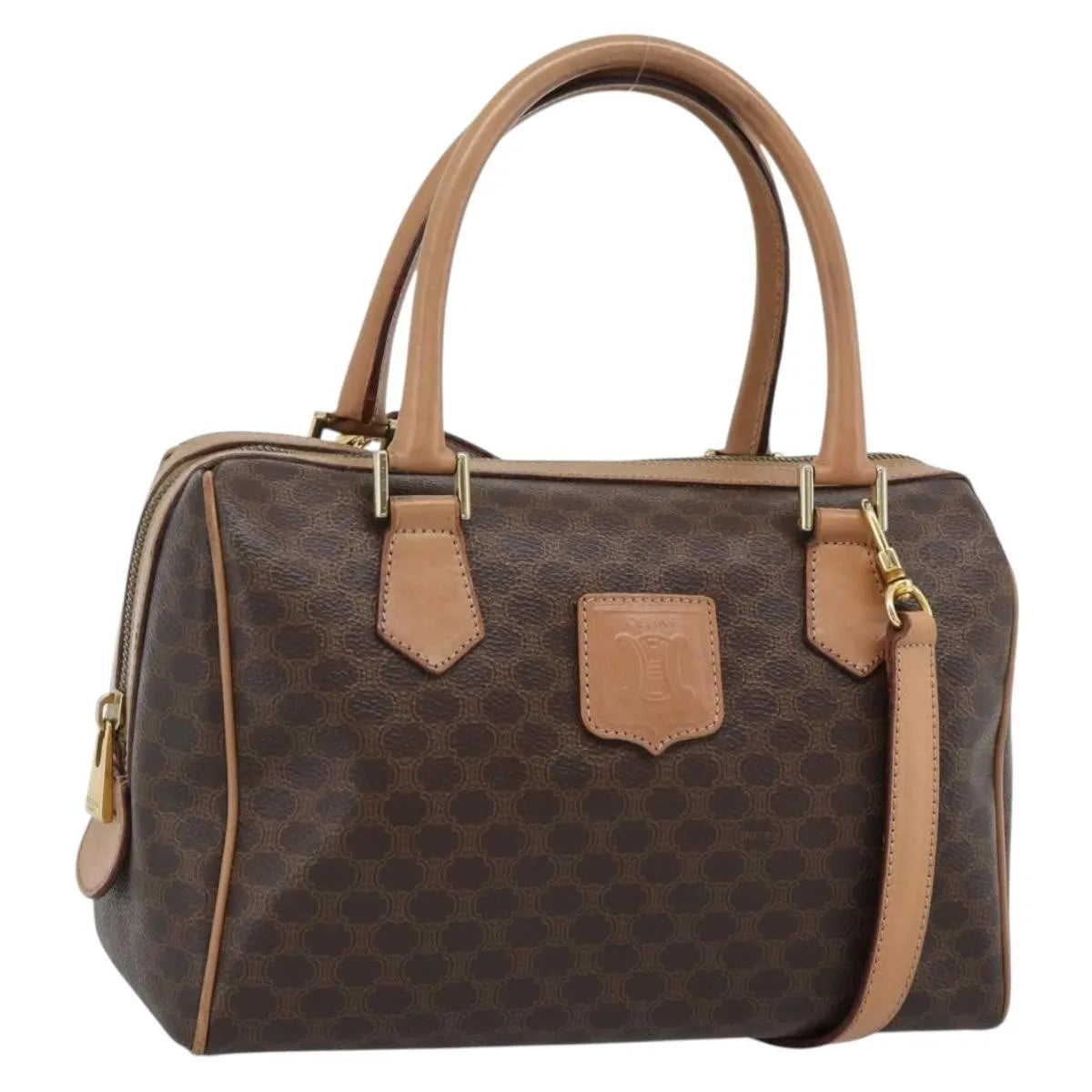 Celine Vintage Macadam Boston Canvas and Leather, Brown, PVC, Handbag