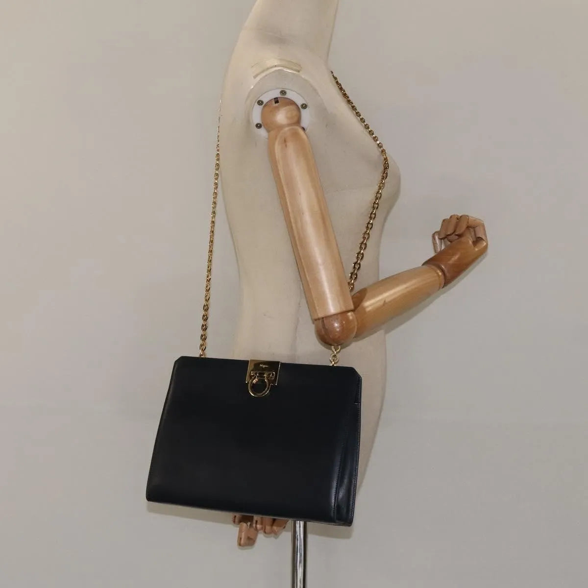 Salvatore Ferragamo Vintage Gancini Chain Leather, Navy, Leather, Shoulder Bag