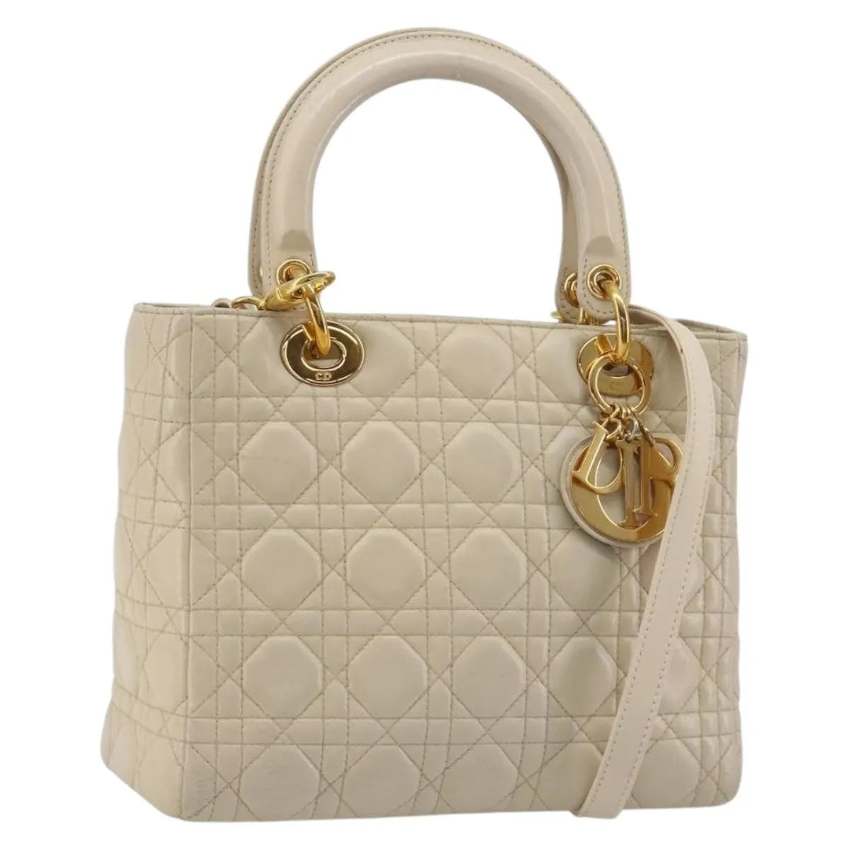 Christian Dior Lady Dior Cannage Quilt Lambskin, Beige, Leather, Handbag