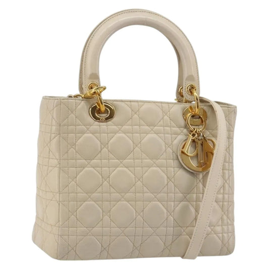 Christian Dior Lady Dior Cannage Quilt Lambskin, Beige, Leather, Handbag