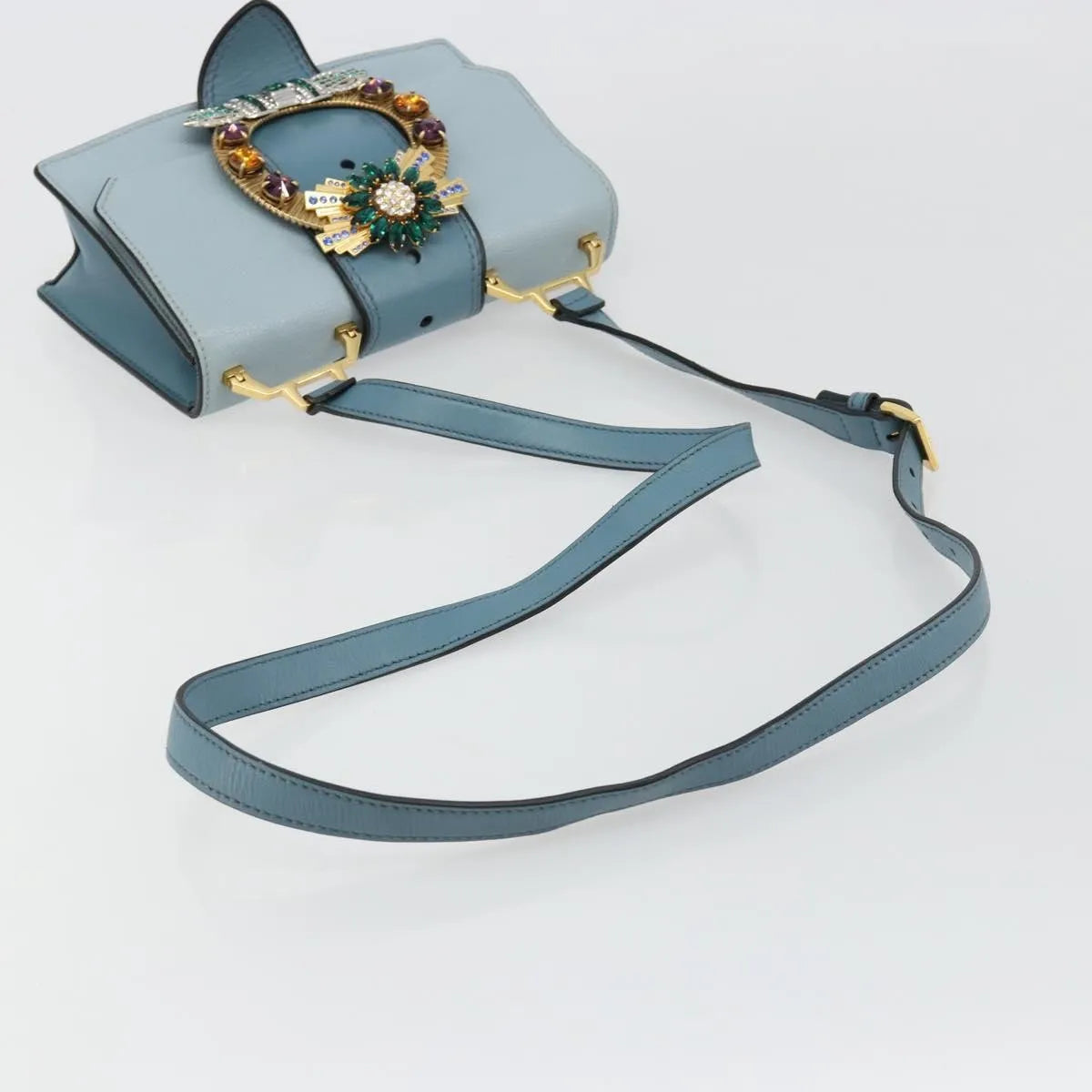 Miu Miu Madras Crystal Buckle Leather, Blue, Leather, Shoulder Bag