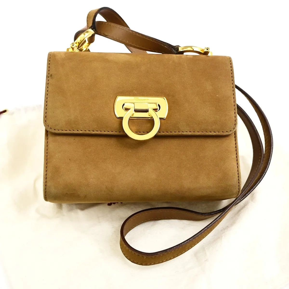 Salvatore Ferragamo Gancini Flap Suede, Beige, Suede, Shoulder Bag