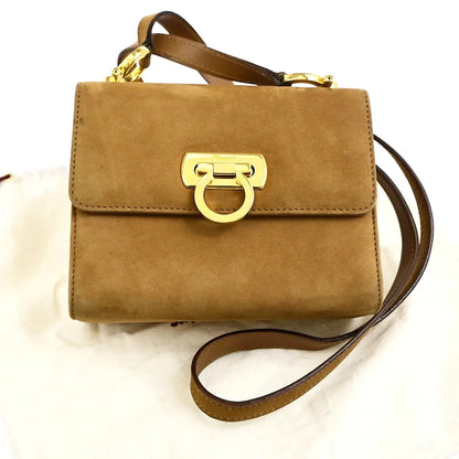 Salvatore Ferragamo Gancini Flap Suede, Beige, Suede, Shoulder Bag