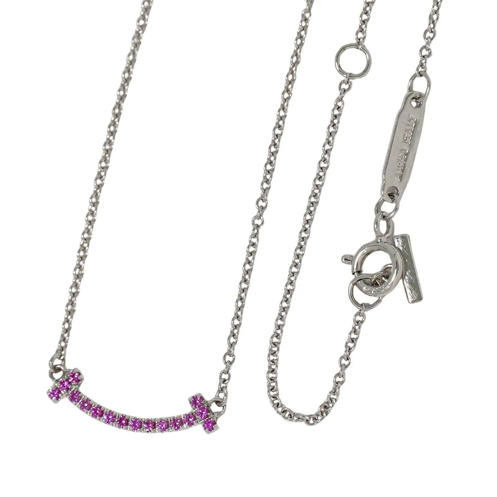 Tiffany & Co. T Smile Pendant 18K White Gold with Pink Sapphires, Silver, White Gold, Necklace