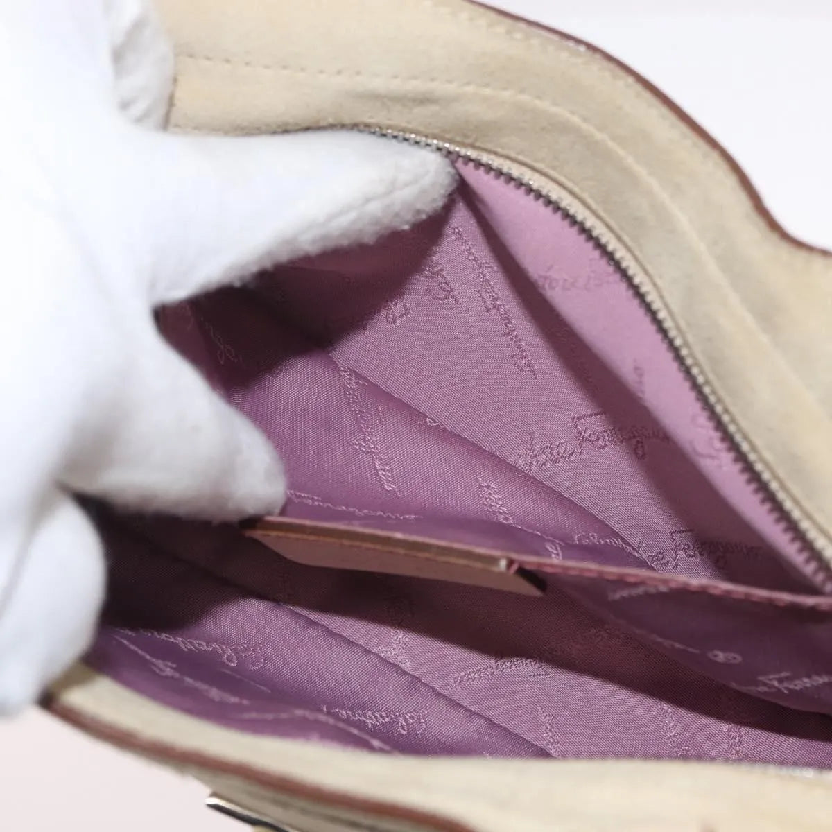 Salvatore Ferragamo Gancini Suede, Beige, Suede, Handbag