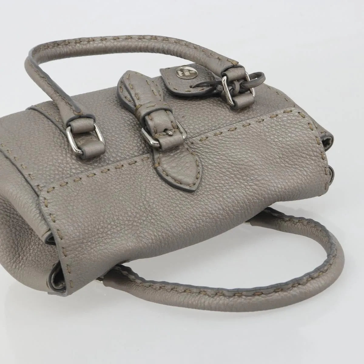 Fendi Selleria Linda Satchel Pebbled Leather, Gray, Leather, Handbag