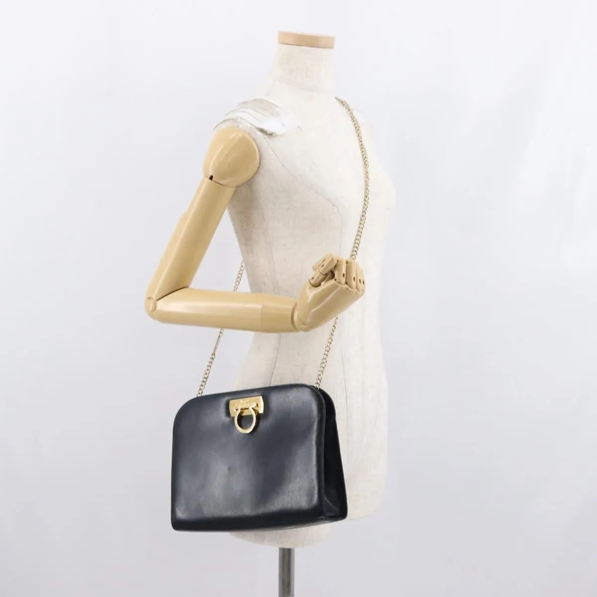 Salvatore Ferragamo Vintage Gancini Chain Leather, Navy, Leather, Shoulder Bag