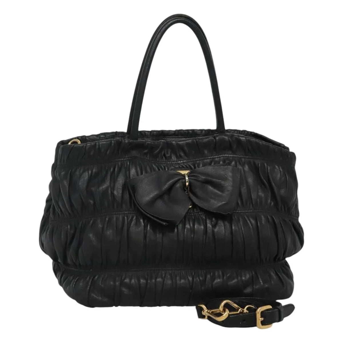 Prada Nappa Gaufre Bow Leather, Black, Leather, Tote Bag