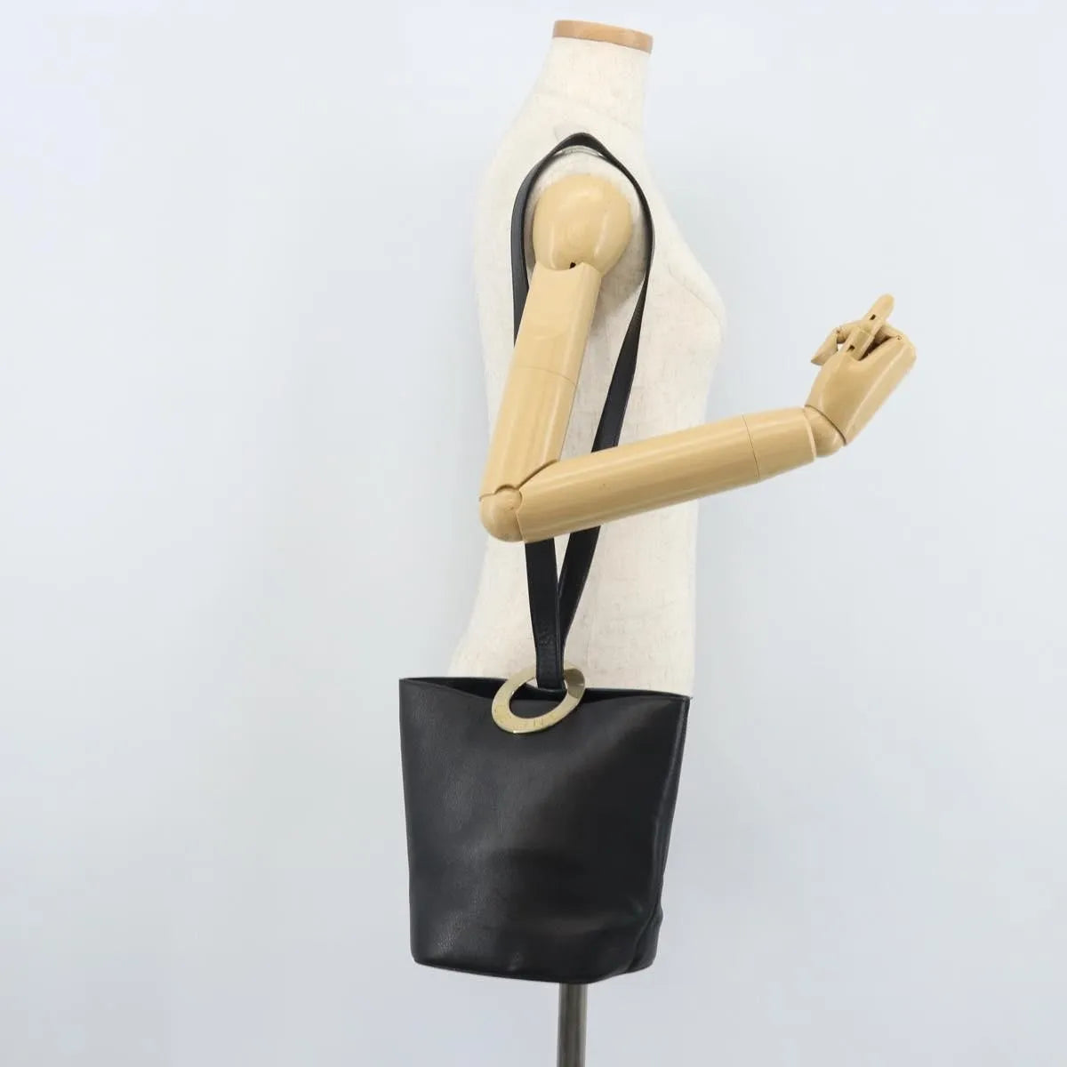 Celine Circle Logo Leather, Black, Leather, Handbag